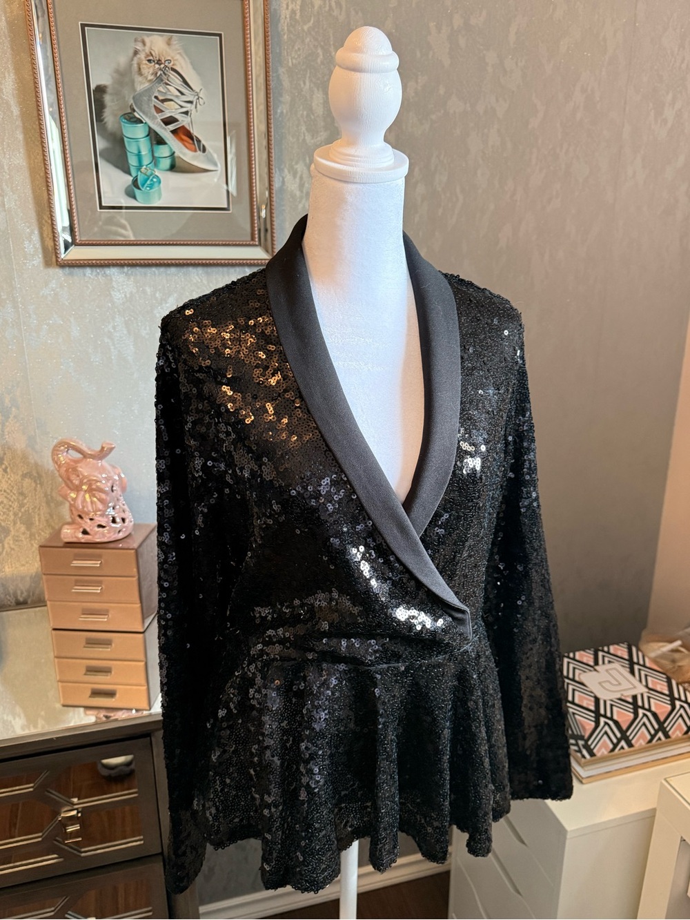 Venus Black Sequined Peplum Top Size XL
